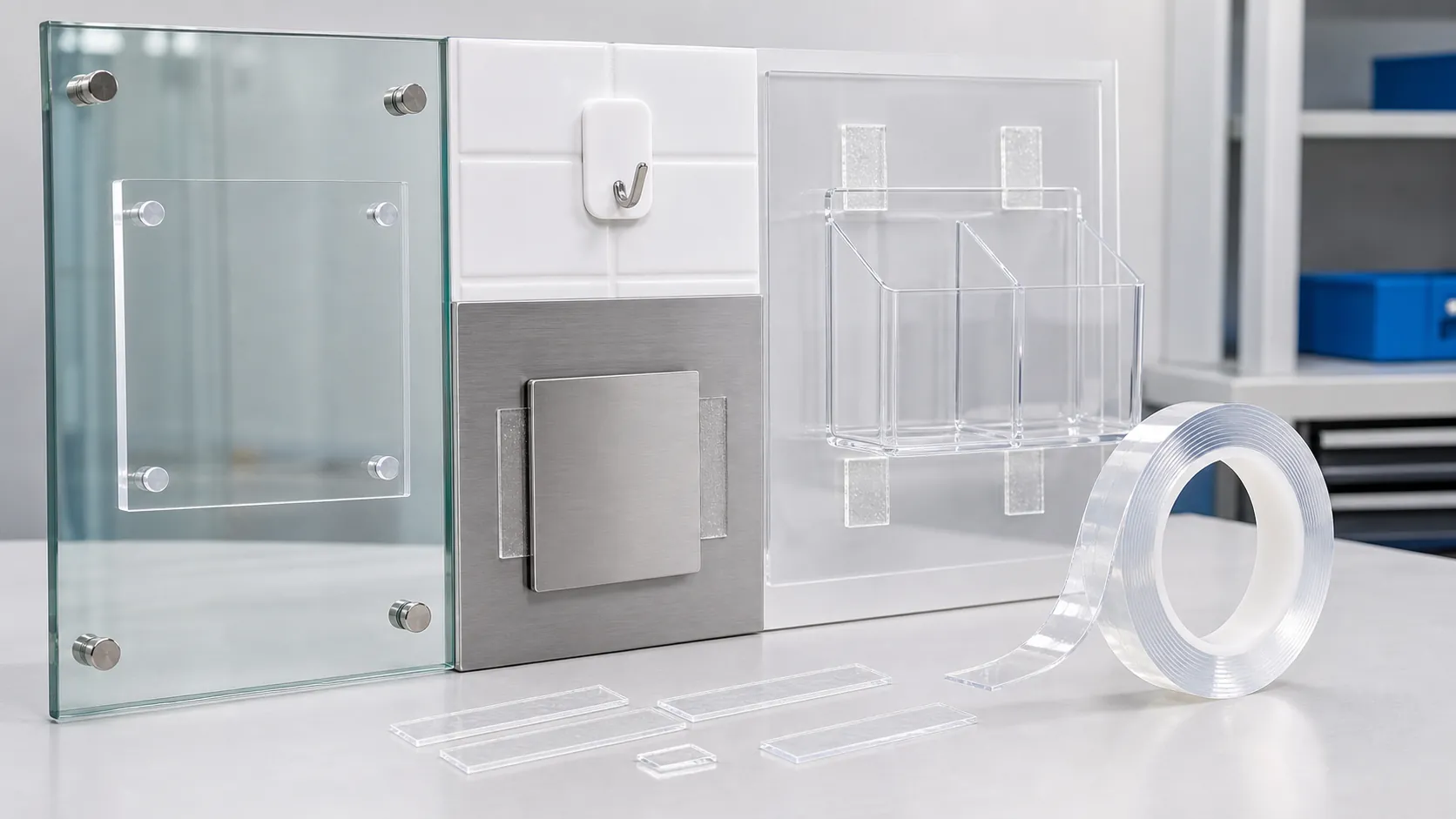 Nano double sided tape applications for removable mounting and clean surface bonding